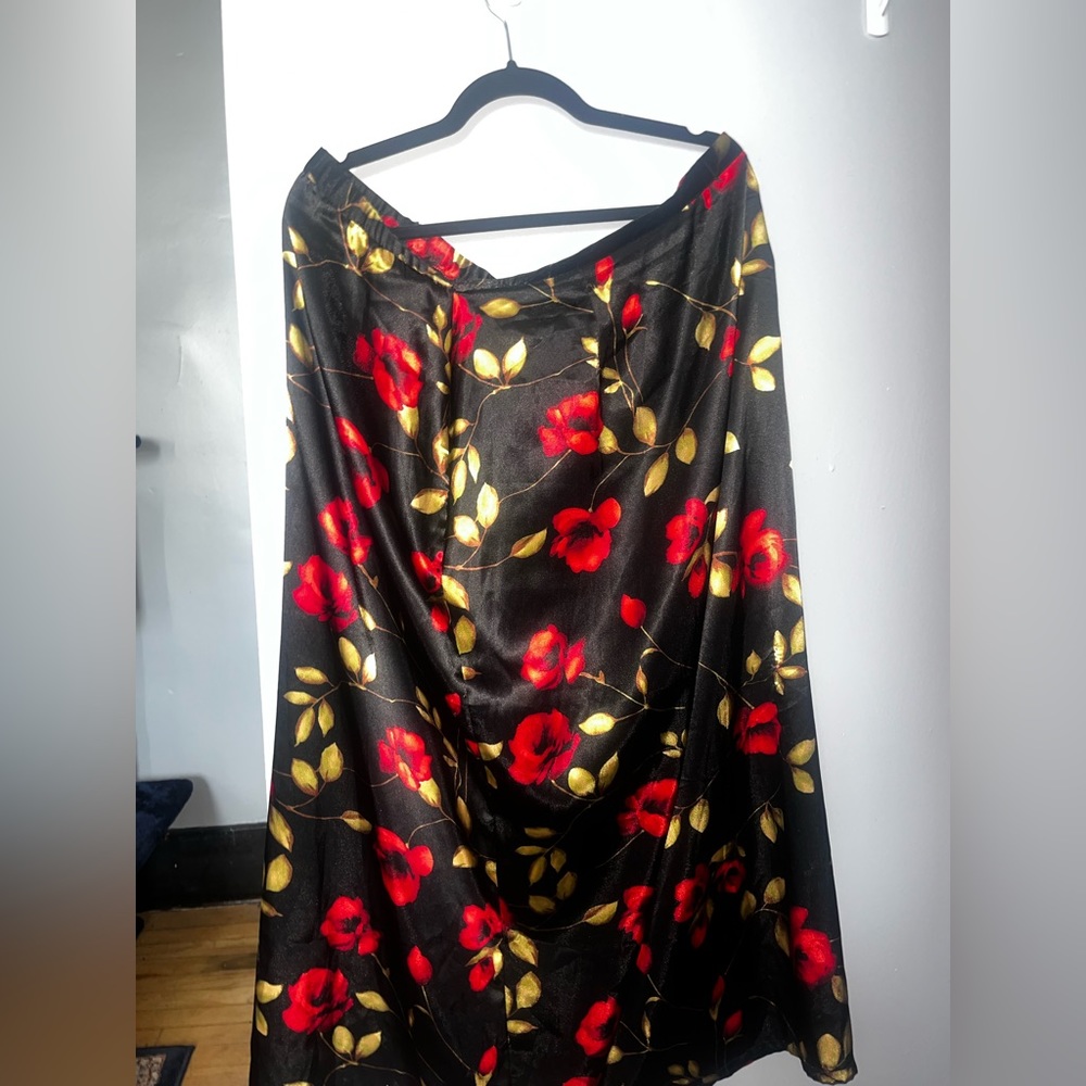 Satin Rose Black Midi Skirt